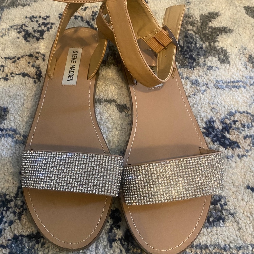 Steve Madden Tan Sandals with Rhinestone Strap and Ankle Buckle